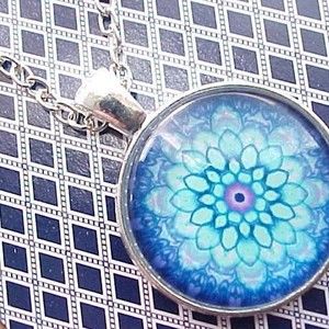 3 / $10 Blue Mandala Glass Necklace Chain Yoga Sacred Geometry Mothers Day
